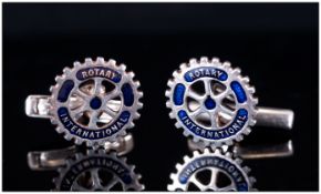 Pair of Gents Silver Cufflinks, blue enamelled fronts, gilt lettering for Rotary International.