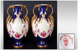 Royal Crown Derby Very Fine Pair of Two Handled Vases, Wonderful Colour ways and Both Vases In