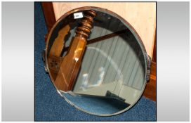 1940/50's Circular Mirror Chrome Fittings, Wooden Backed With Chain