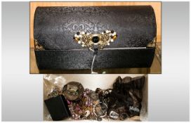 Box Containing A Small Amount Of Costume Jewellery, Comprising Brooches, Bracelet, Earrings etc.