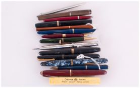 13 Various Vintage Fountain Pens some with 14k gold nibs and ink biros. Including Parker, Onoto,