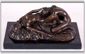 A 20th Century Erotic Group Bronze Figure, Unsigned and Raised on a Marble / Style Base. 3.75 x 8.
