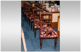 Set of Six Edwardian Dining Chairs with over stuffed seats in a brocade. With a spindled spat back