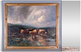 Withdrawn      Wilton Morley Oil On Canvas Of Highland Cattle Wading Through A Brook, with a storm