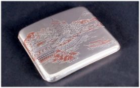 A Japanese Silver Cigarette Case with scenes of Japan landscapes with silver & copper images. Marked