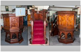 Victorian Full Size Church Pulpit in pitched pine. Designed in the Gothic style with carpeted five