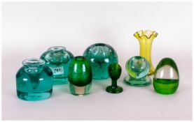 Collection of Assorted Green Coloured Dump Inkwells and small Murano vase and eye bath.