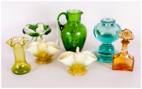 Selection of Victorian Glass comprising green Mary Gregory jug, pair of green spill vases, glass