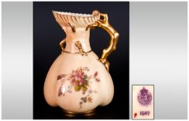 Royal Worcester Hand Painted Blush Ivory Jug / Vase ' Garden Flowers ' Naturalistic Gold Handle.