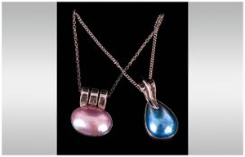 Two Various Mabe Pearl Pendants, one oval pink with triple bale, the other blue with a leaf shaped