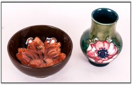 Moorcroft Small Footed Bowl ' Coral Hibiscus ' on Chocolate Brown Ground. 2 Inches High, 4 Inches