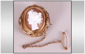 Victorian Shell Cameo Brooch Depicting The Goddess Flora, Unmarked Yellow Mount With Applied Grape