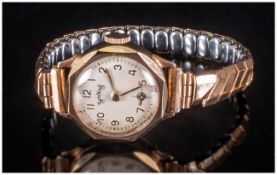 Services 9ct Gold Cased Wristwatch fitted to a gold plated expanding bracelet. A/F