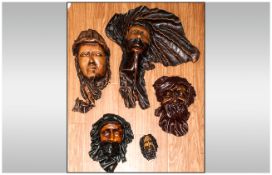 Five Decorative Leather Wall Masks, 2 of Veiled Ladies, 3 of Male Faces.