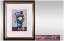 Enoch Fairhurst b.1874. Lived Bolton - Still Life of Roses In a Blue Ceramic Vase, Watercolour,