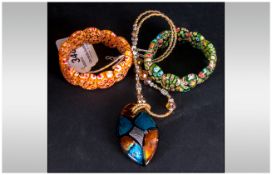 Murano Glass Pendant and Pair of Bracelets, the pendant being a marquise shape of turquoise, amber