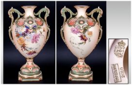 Royal Worcester Hand Painted and Impressive Tall Two Handle Floral Vase. c.1896. Stands 15 Inches