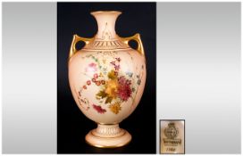 Royal Worcester Hand Painted Blush Ivory Two Handled Vase. c.1900. With Floral Decoration and Gold