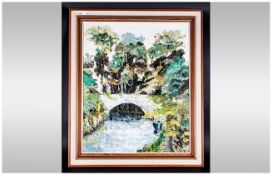Contemporary 'Canal Boat Scene' Framed Oil on Canvas in the Impressionist Style. Unsigned. 29 by