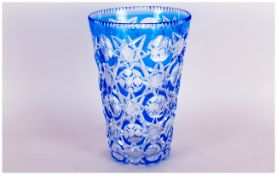 Blue Finely Overlaid Cut Glass Crystal Vase 10 inches in height.