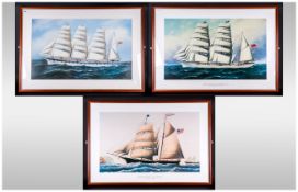 Set Of Three Contemporary Framed Boating Prints. Mounted and behind glass. 39 by 26 inches.