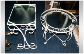 Two Similar Coffee Tables  with white chrome frame and glass tops.  One of circular form and one