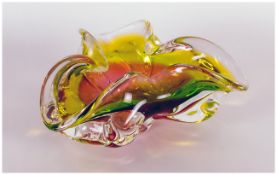 Murano Coloured Glass Dish with wavy rim, pink and yellow colourway.