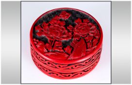 19th/20thC Chinese Cinnabar Circular Box And Cover, Deep Red Lacquered Floral Carving, Diameter 75mm