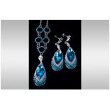 Turquoise Crystal Pear Drop Pendant Necklace and Earrings, the pendant and earrings each having a