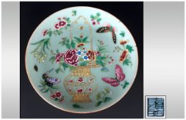 Chinese Celadon Glazed Plate, Finely Decorated In Famile Rose Colours, Depicting Butterflies