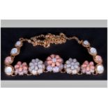 Peach, Lilac and White 'Cat's Eye' Floral Necklace, the centre front comprising double layered