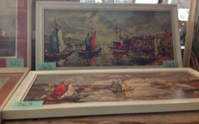 Pair of White Wood Framed Paintings of Boats In Harbour.