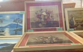 Pair of White Wood Framed Paintings of Different Vases of Flowers.