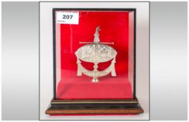 Oriental Silver Plaque, Mounted In A Glass Display With Wooden Base. Silver Marks 925 HY, Overall