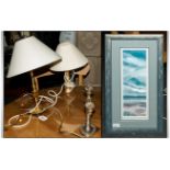 Two Table Lamps, brass effect base with cream shades. Together with framed print.