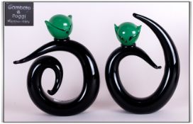 Gambaro e Poggi Impressive Hand Signed Murano Art Glass Pair of Cat Sculptures, In Black and Green