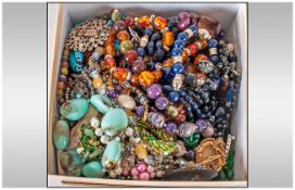 Collection Of Costume Jewellery Comprising Beads, Brooches, Rings, Odd Bits Of Silver etc.