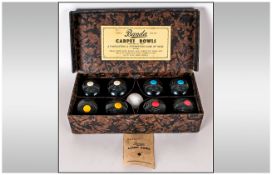 Full Boxed Set of Vintage Carpet Bowls, 8 Balls and One Jack, Makers Name to Lid. Banda. Made In