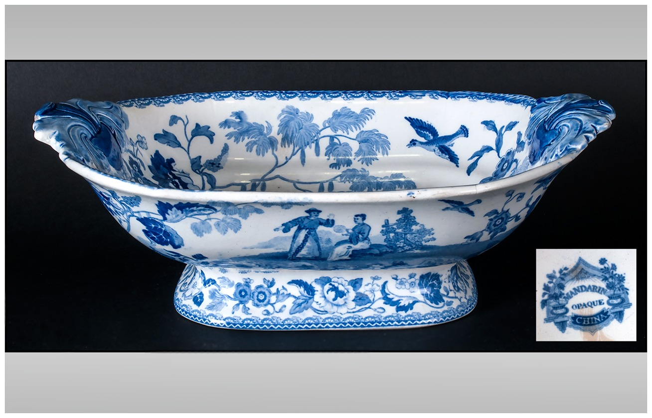 Georgian - Blue and White Mandarin Opaque China Footed Serving Dish. c.1820. 4.25 Inches High & 13