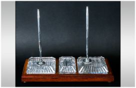 Waterford Crystal Desk Tidy comprising geometric paperweight & two pen holders with pens stamped '