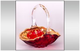 Venetian Red Glass Trinket Tray in the form of a basket, gold overlay and painted in enamel floral