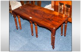 Glass Topped Mahogany Nest Of Three Tables, Raised On Turned And Fluted Supports