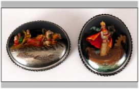 Russian Fine Pair of Signed Hand Painted White Metal and Lacquered Framed Brooches. Depicting