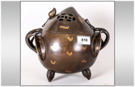 Japanese Bronze Koro Incense Burner with Shaped Lid In The Form of a Peach, With Gold Speckled