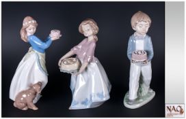 Nao By Lladro Figures ( 3 ) In Total. ' Boys and Girls with Birthday Cakes ' All Figures are In