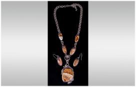 Picture Jasper Pendant Necklace and Earrings Set, a large asymmetric pendant of the naturally coffee
