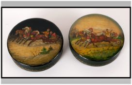 Russian Fine Pair of Signed Lidded Round Lacquered Boxes, Depicting Russian Scenes with Figures.