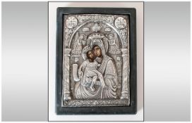 Byzantine Style Silver Icon, The Image Made of High Grade Silver and Marked 950. 8 x 5.5 Inches.