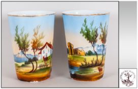 Pair Of Present From Blackpool Beakers, Both With Hand Painted Scenes.