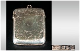 Victorian - Hinged Silver Vesta Case with Floral Decoration and Vacant Cartouche. Hallmark Chester